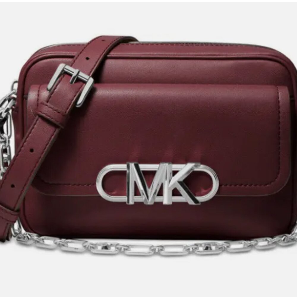 Michael Michael Kors Leather Parker Chain Swag Camera Crossbody Bag Merlot Red